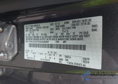 2016 Ford Escape Se from USA, damaged, VIN 1FMCU0G73GUA29267